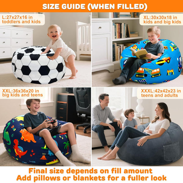 Lukeight Stuffed Animal Storage Bean Bag Chair Cover (No Filling) for Kids, Dinosaur Zipper Beanbag Chair Cover for Organizing Toddler and Kids