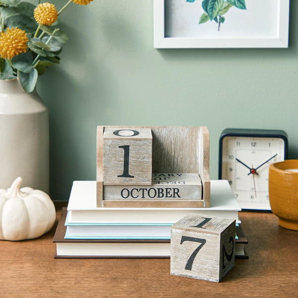 Wooden Perpetual Block Calendar for Desk, Wood Month Date Display Blocks for Teachers, Students, Classroom, Rustic Farmhouse Office Decor, Desk