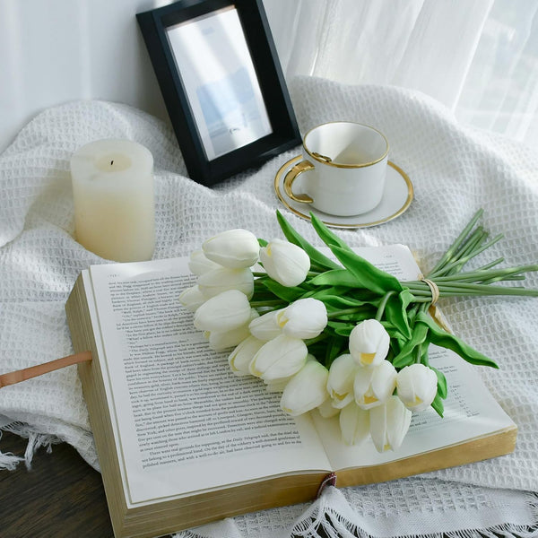 Mandy's Artificial Tulips 20 Stems White PU Faux Flowers for Valentine's Day and Easter Decorations Wedding Home Decor 13.5 Inch