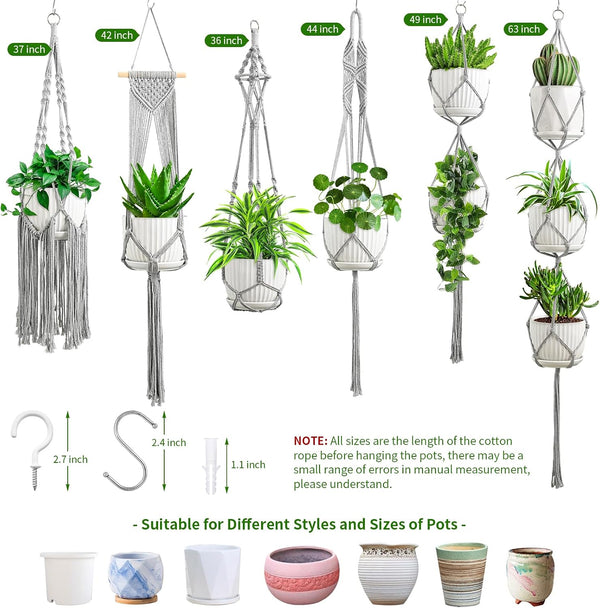 SFENNGPET Macrame Plant Hangers, 6Pack Hanging Planters for Indoor Plants Gray