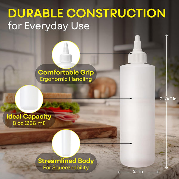 BRIGHTFROM Condiment Squeeze Bottles, 8 OZ Empty Squirt Bottle with Twist Top Cap, Leak Proof - Great for Ketchup, Mustard, Syrup, Sauces,