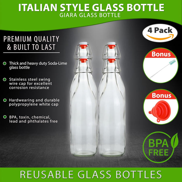 AYL Flip Top Glass Bottle [1 Liter / 33 Fl. Oz.] [Pack of 4] Ã¢ÂÂ Swing Brewing Bottle with Stopper for Beverages, Oil, Vinegar, Kombucha, Water,