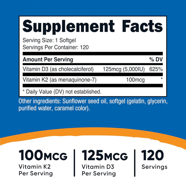 Nutricost Vitamin K2 (MK7) (100Mcg) + Vitamin D3 (5000 IU) 120 Softgels - Gluten Free and Non-Gmo