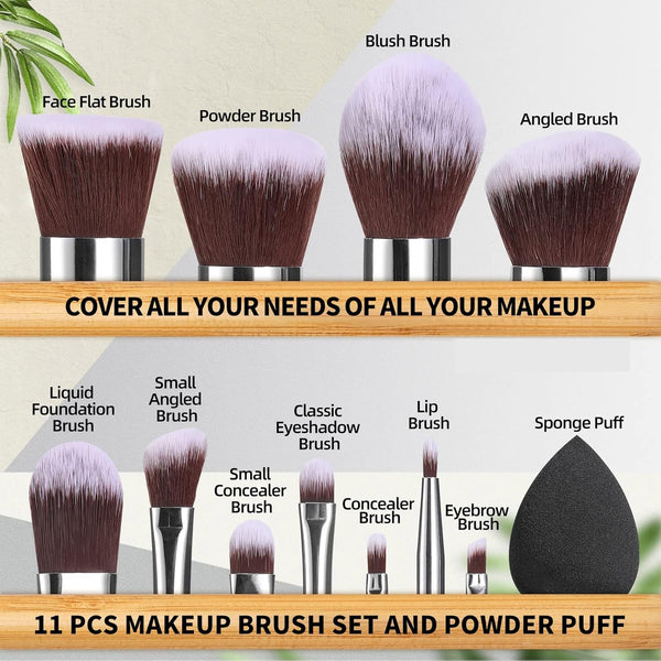 BS-MALL Makeup Brush Set 11Pcs Bamboo Synthetic Kabuki Brush Set Foundation Powder Blending Concealer Eye Shadows Blush Cosmetics Brushes with