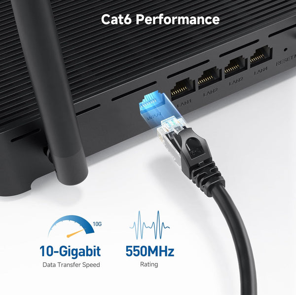 Cable Matters 10Gbps 10-Pack Snagless Cat 6 Ethernet Cable, 10ft, Black | 24 AWG Bare Copper, Gold-Plated RJ45, PoE++, 550MHz Bandwidth, Cat6