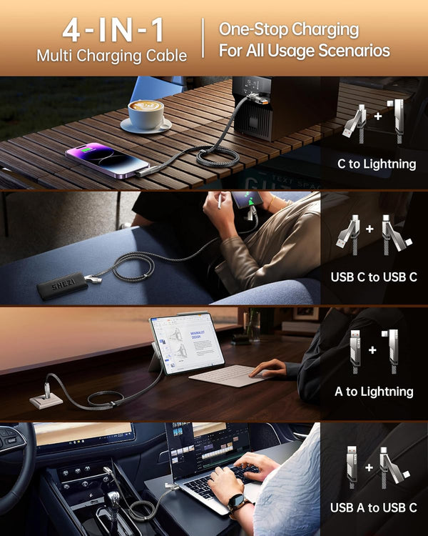 4-In-1 USB C Cable 5FT Lightn-Ing Cable 90 Degree Fast Charging Flat Nylon Braided for Iphone/Ipad Charger Cord Multi Charge Cord with