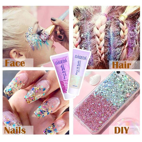 DAGEDA Body Glitter Gel, Face Glitter Body Gel Sequins Shimmer Liquid Eyeshadow, Chunky Glitter for Face Hair Nails, Holographic Cosmetic Laser
