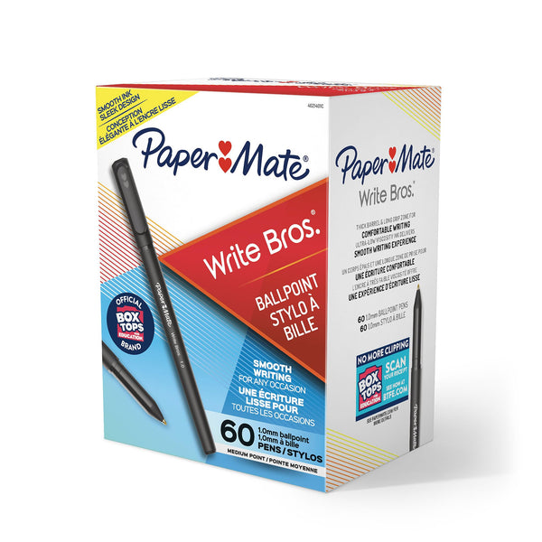Paper Mate Ballpoint Pens, Write Bros. Black Ink Pens, Medium Point (1.0mm), 60 Count - Bulk Office Supplies 1 Count (Pack of 60)