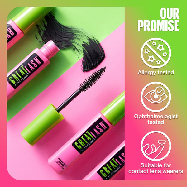 Maybelline Great Lash Curved Brush Washable Mascara, Volumizing, Lengthening and Curling Mascara, Blackest Black, 1 Count