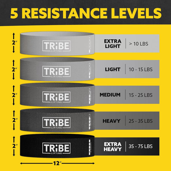 Tribe Lifting Fabric Resistance Bands for Working Out - 5 Exercise Bands Set for Legs and Glutes - Booty Bands for Women and Men - Thick Cloth