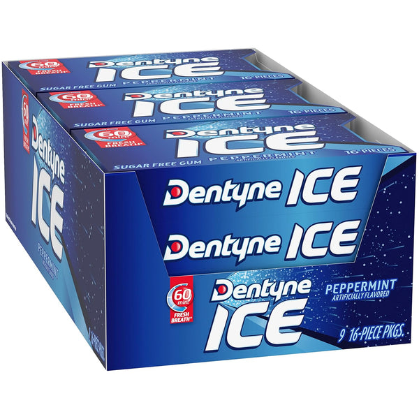 Dentyne Ice Peppermint Sugar Free Gum, 9 Packs of 16 Pieces (144 Pieces) | Chewing Gum, Perfect for Long Lasting Fresh Breath at School, Work &
