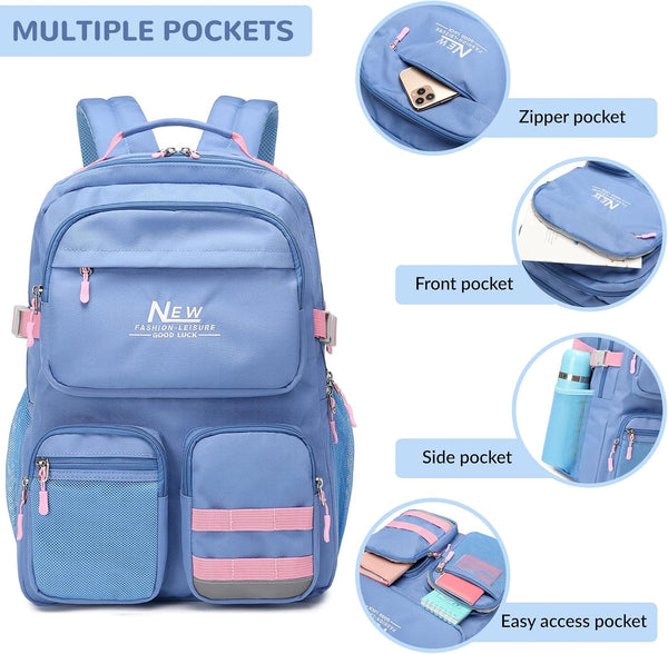 Water Resistant Backpack for Teen Girls Boys Students, Casual Multi Pockets Daypack with 15.6 inch Laptop pocket for Travel School College (Grey