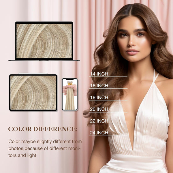 GOO GOO I Tip Hair Extensions Real Human Hair, 14inch 50g 100S, Cold Fusion I Tip Hair Extensions,18A/613A Dark Blonde Highlighted Bleach Blonde