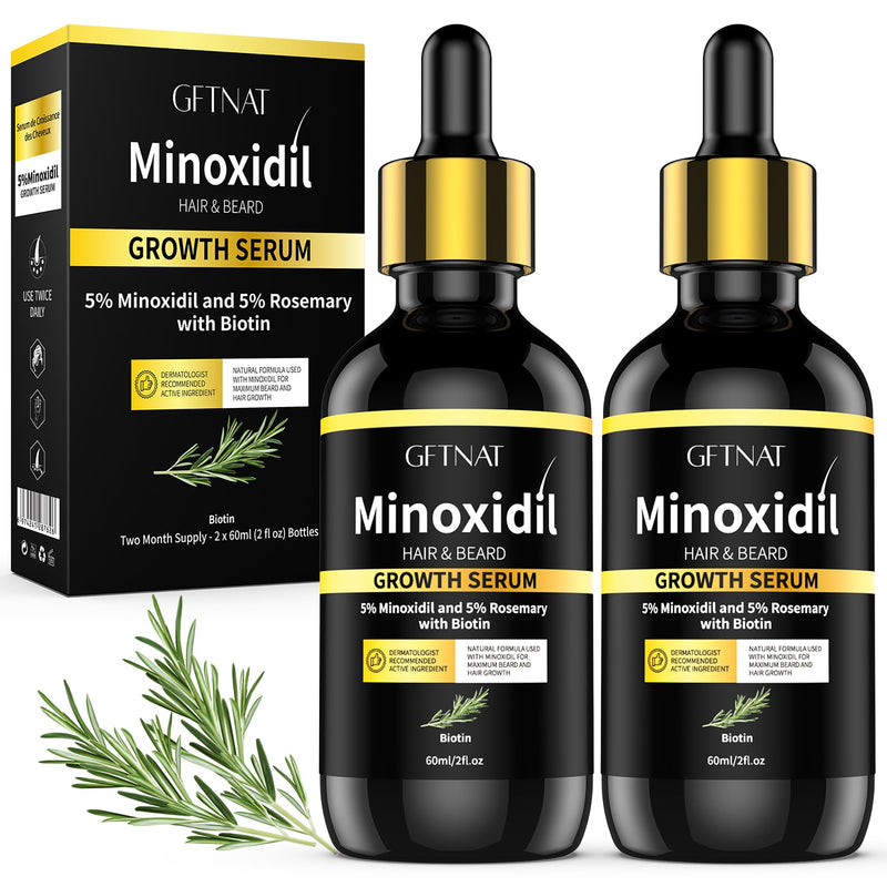 5% Minoxidil with Rosemary and Biotin for Men and Women Hair Growth,Beard Growth Kit,Scalp Serum for Thicker Fuller Hair 2 Fl Oz (Pack of 2)