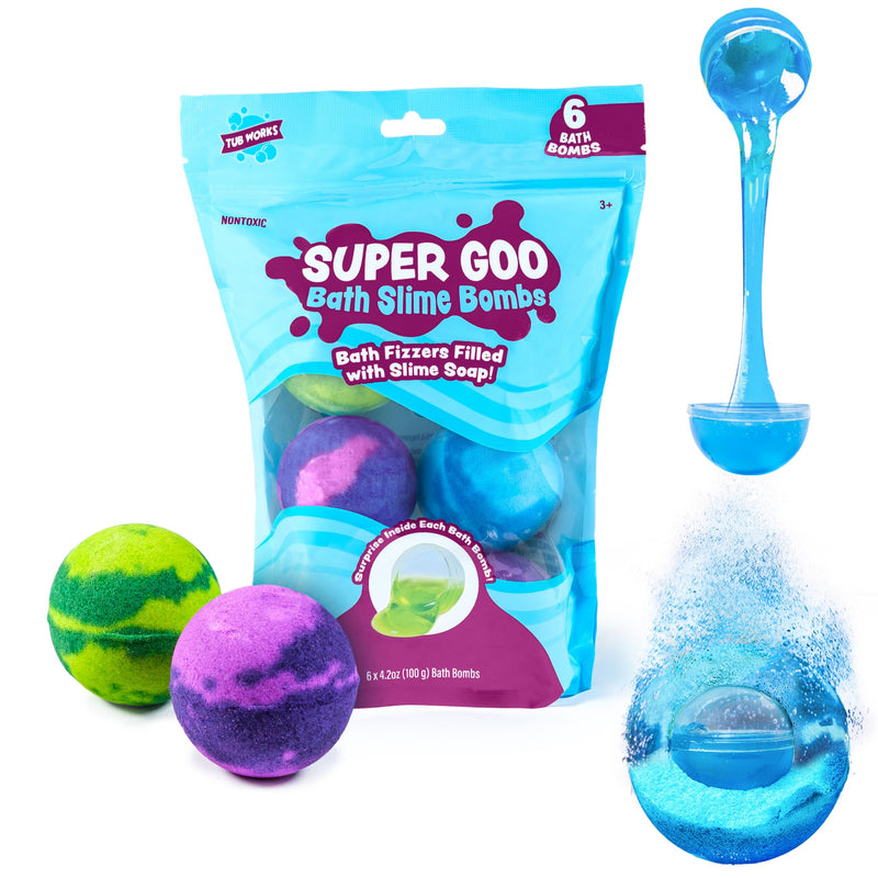 Super Goo Bath Slime 'Surprise' Bombs, 6 Pack | Kids Bath Bombs with Surprise inside | Nontoxic | Stretchy, Squishy Slime Soap | Sensory Fun for Kids