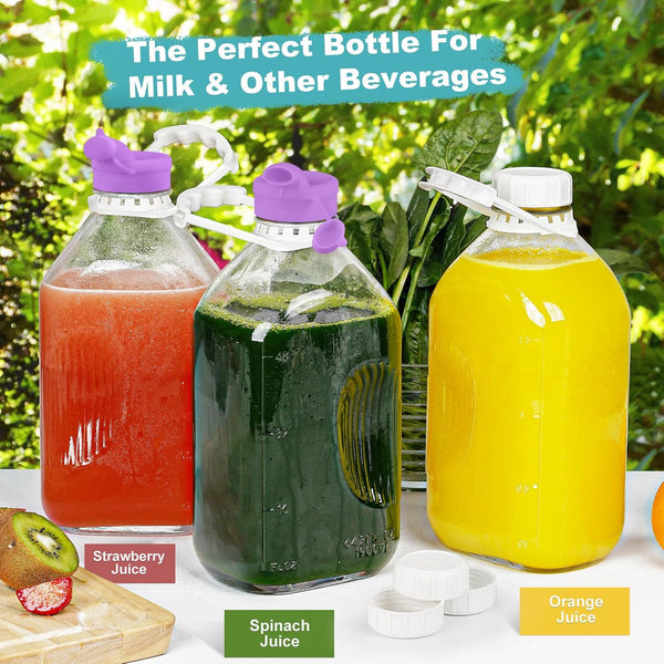 2 Pack 64 Oz Heavy Duty Glass Milk Bottle with 1 Silicone Spout and 3 Reusable Airtight SCREW LID, 2 Qt Glass Water Bottle with 2 Exact Scale