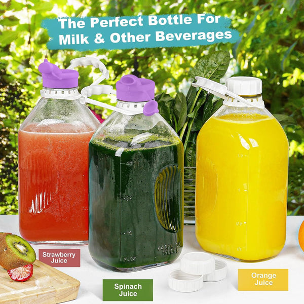 Ritayedet 4 Pack 64 Oz Heavy Duty Glass Milk Bottle with 1 Silicone Spout and 5 Reusable Airtight SCREW LID, 2 Qt Glass Water Bottle with 2 Exact