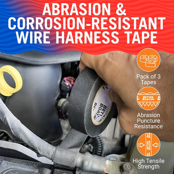 Better Boat Wire Harness Tape 5-Pack (250ft) - Cloth Electrical Tape Automotive & Marine Grade, Noise Dampening Wire Loom, Heat Resistant to 250F,