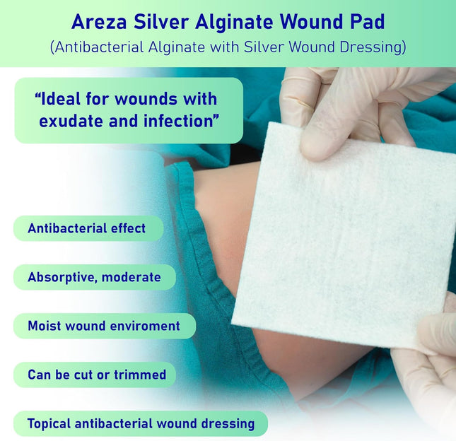 Areza Medical - Silver Alginate (Antibacterial Alginate with Silver) - Sterile - Wound Dressing Pads - 4.25" X 4.25" (10