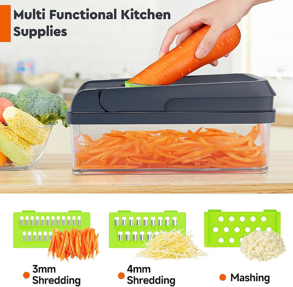 MealHelper 12-in-1 Vegetable Chopper, 7 Blade Veggie Chopper, Practical Food Chopper with Container, Cheese Grater, Home Essentials & Kitchen