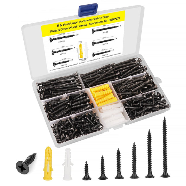 #6 Wood Screw Assembly Kit, Phillips Drive Flat Head Self Tapping Screw Set, Kitchen Cabinet Drywall Small Screws 300Pcs, Length 5/8" to 2", Oxide