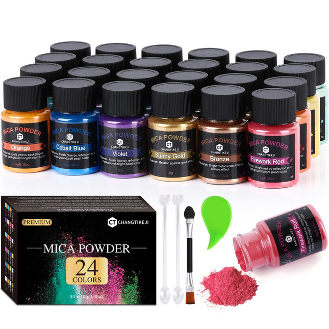 Mica Powder?24 Colors - 10G/Bottle of Natural Pigment Powder for Epoxy Resin?Soa