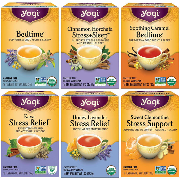 Yogi Tea Stress Relief & Herbal Variety Sampler - 16 Bags per Pack (6 Packs) - Organic Herbal Tea Sampler - Includes Bedtime, Kava Stress Relief,