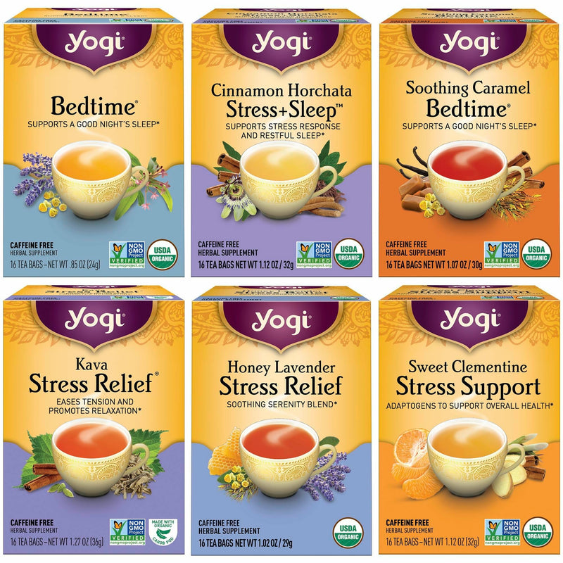 Yogi Tea Stress Relief & Herbal Variety Sampler - 16 Bags per Pack (6 Packs) - Organic Herbal Tea Sampler - Includes Bedtime, Kava Stress Relief,