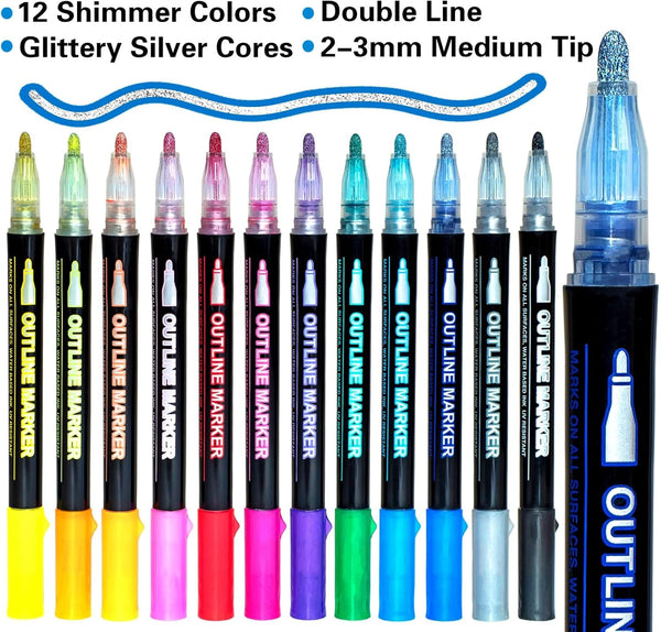 Glitter Markers Outline Glitter Pens: 12 Shimmer Metallic Tween Teen Girl Gifts Trendy Stuff 4-16 Year Old,Arts Crafts Kids Ages 8-12,Art Supplies