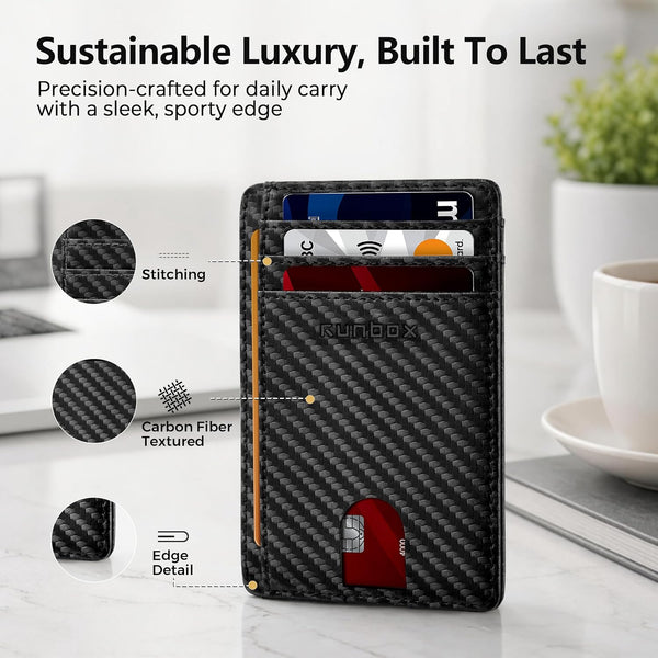 RUNBOX Slim Wallet for Men and Women, RFID Blocking Leather Card Holder Carbon Fiber Black