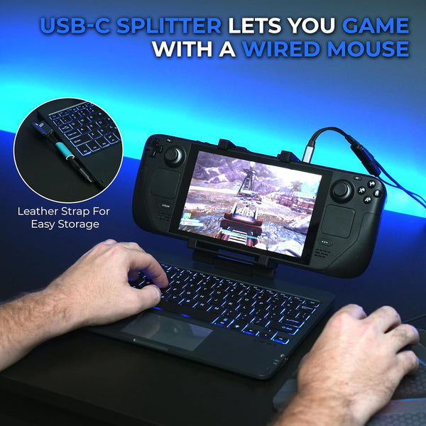 DeckTop with Splitter - Steam Deck Keyboard and Bluetooth Trackpad Mouse with Multicolor LED Laptop Accessory for Valve Linux PC Gaming