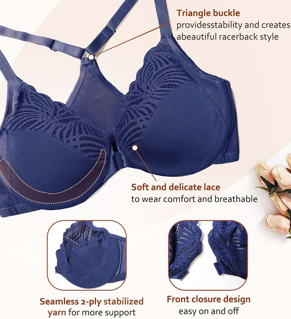 DotVol Women's Front Close Bra T Back Full Figure Underwire Plus Size Seamless Unlined Bra for Large Bust 40G Blue