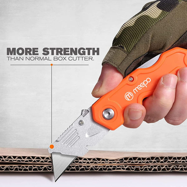 M MEEPO Box Cutter, 4-Pack Tough Folding Box Cutter for Heavy Duty Purpose, Razor Sharp Blade, Comfortable Handle, with Extra 10-Piece Blades, Can