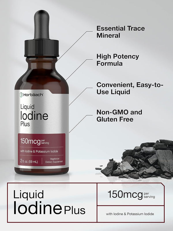 Horbäach Iodine Liquid Drops | 2 fl oz | 150 mcg | Iodine & Potassium Iodide Liquid Tincture | Vegetarian, Non-GMO, Gluten Free Supplement