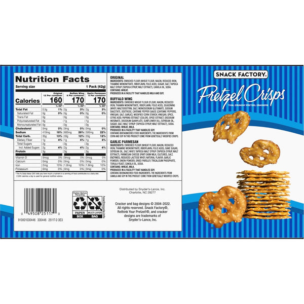 Snack Factory Pretzel Crisps Variety Pack, Individual 1.5 Ounce (Pack of 24) Variety Pack Single Serve 1.5 Ounce (Pack of 24)