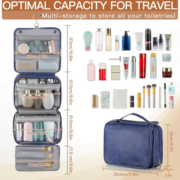 Elviros Hanging Toiletry Bag for Men PU Leather Shaving Dopp Kit (Blue) | 3-in-1 Waterproof Travel Organizer with Separate Compartments for