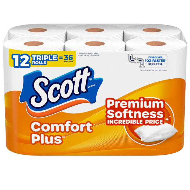 Scott Comfortplus Toilet Paper, 12 Double Rolls, 231 Sheets per Roll, Septic-Saf