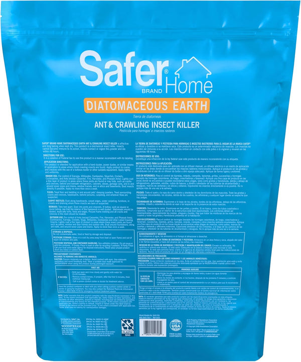 Safer Home Diatomaceous Earth 4 lb Organic OMRI DE - Cockroach Killer Indoor Home, Bed Bug Killer, Kills Fleas, Ants, Silverfish, Earwigs &