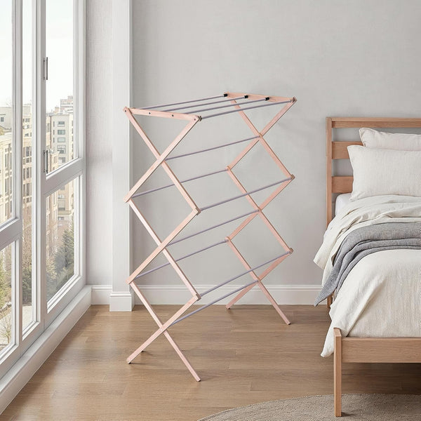 Household Essentials 5001 Collapsible Folding Wooden Clothes Drying Rack For Laundry | Pre Assembled Natural/White Birch