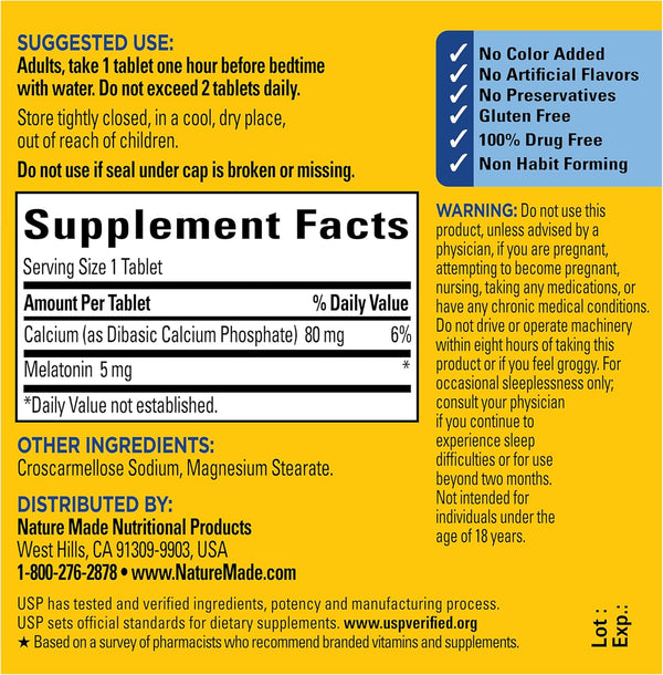 Nature Made Melatonin 5Mg Extra Strength Tablets, 100% Drug Free Sleep Aid, Sleep Supplements for Adults, 300 Tablets, 300 Day Supply