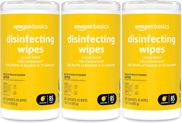 Amazon Basics Disinfecting Wipes, Lemon Scent, for Sanitizing, Cleaning & Deodorizing, 255 Count (3 Packs of 85)