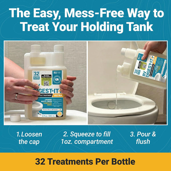 Unique RV Digest-It+ Extra-Strength Ultra-Concentrate - 32 RV Toilet Treatments - Eliminates Smells and Liquifies Waste (32 Oz)