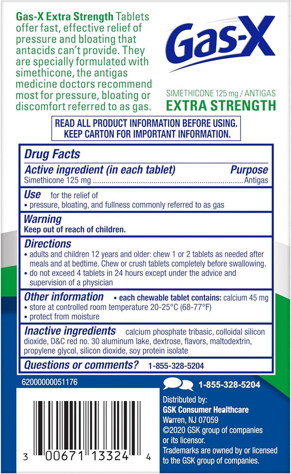 Gas-X Extra Strength Chewable Gas Relief Tablets with Simethicone 125 mg for Bloating Relief, Cherry - 72 Count 72 Count (Pack of 1)