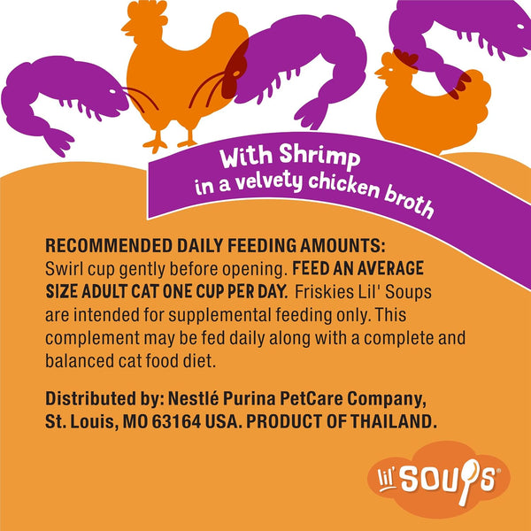 Purina Friskies Grain Free Lickable Cat Food Toppers Lil’ Soups With Shrimp in a Velvety Chicken Broth - (Pack of 8) 1.2 oz. Cups