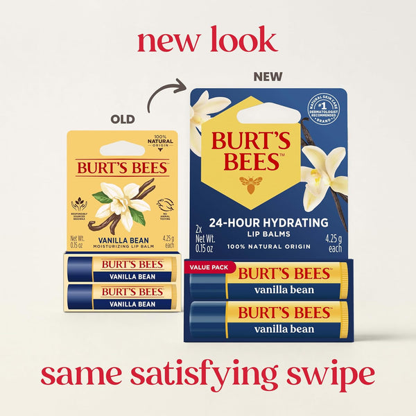 Burt's Bees Lip Balm - Vanilla Bean, Lip Moisturizer With Responsibly Sourced Beeswax, Tint-Free, Natural Origin Conditioning Treatment, 2 Tubes,