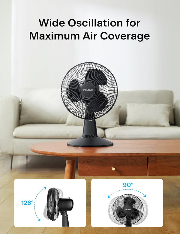 PELONIS Table Fan 12-Inch, 120° Oscillating Table Fan Small Portable Electric Plug-In Desk Fan with 3-Speeds, 126° Adjustable Tilt Head for