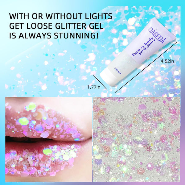 DAGEDA Body Glitter Gel, Face Glitter Body Gel Sequins Shimmer Liquid Eyeshadow, Chunky Glitter for Face Hair Nails, Holographic Cosmetic Laser