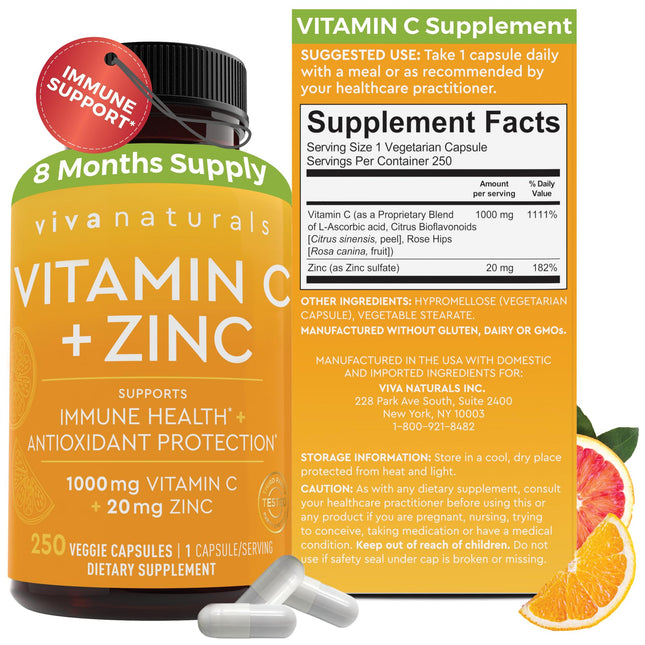 Viva Naturals Vitamin C and Zinc Supplement (250 Capsules) - 1000 Mg Vitamin C w