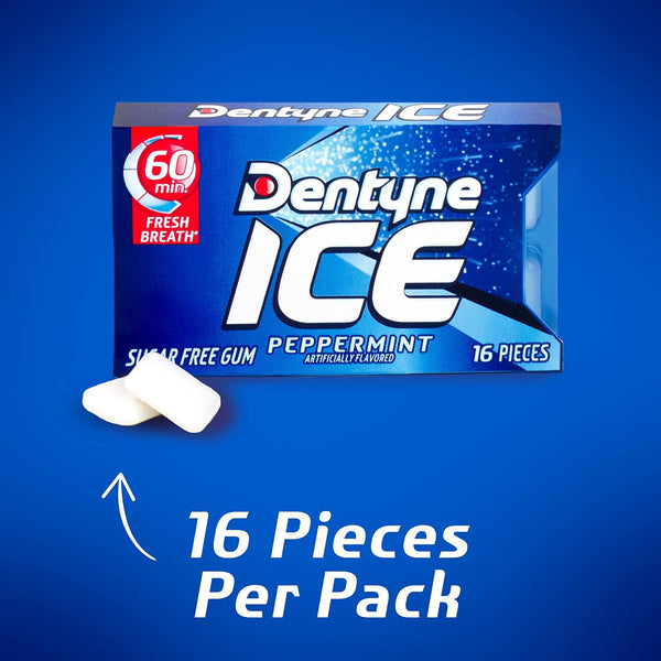 Dentyne Ice Peppermint Sugar Free Gum, 9 Packs of 16 Pieces (144 Pieces) | Chewing Gum, Perfect for Long Lasting Fresh Breath at School, Work &
