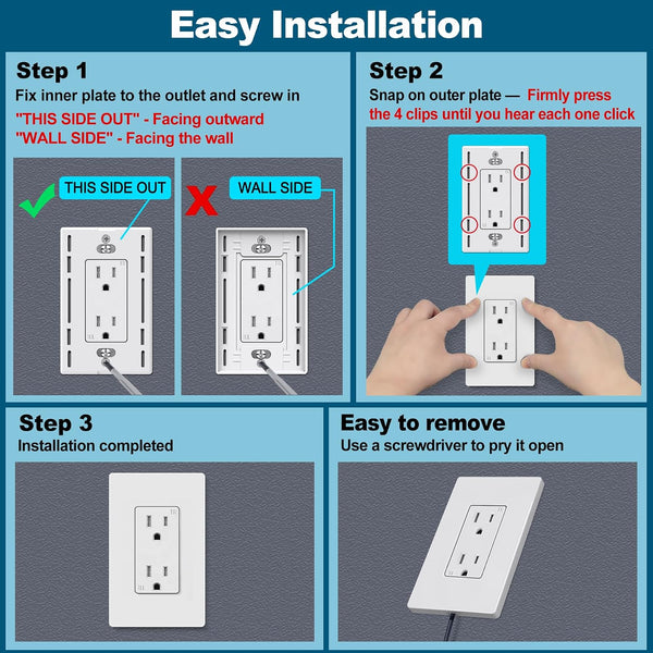 CML Decorator Screwless Wall Plate, 1-Gang Receptacle Outlet Cover, 8 Pack Hidden Screw Smooth Face Switch Plates, Standard Size 2.91"x4.68", UL
